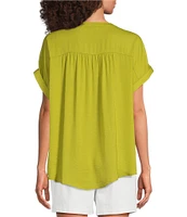 Gibson & Latimer Moonshadow Satin Split Round Neck Dropped Short Roll Tab Sleeve Hi-Low Shirttail Blouse