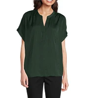 Gibson & Latimer Moonshadow Satin Split Round Neck Dropped Short Roll Tab Sleeve Hi-Low Shirttail Blouse