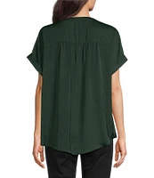 Gibson & Latimer Moonshadow Satin Split Round Neck Dropped Short Roll Tab Sleeve Hi-Low Shirttail Blouse