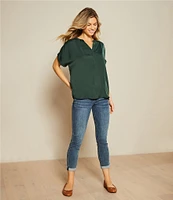 Gibson & Latimer Moonshadow Satin Split Round Neck Dropped Short Roll Tab Sleeve Hi-Low Shirttail Blouse