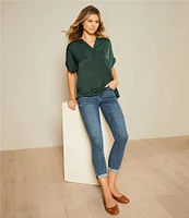 Gibson & Latimer Moonshadow Satin Split Round Neck Dropped Short Roll Tab Sleeve Hi-Low Shirttail Blouse