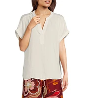 Gibson & Latimer Moonshadow Satin Split Round Neck Dropped Short Roll Tab Sleeve Hi-Low Shirttail Blouse