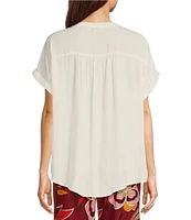 Gibson & Latimer Moonshadow Satin Split Round Neck Dropped Short Roll Tab Sleeve Hi-Low Shirttail Blouse