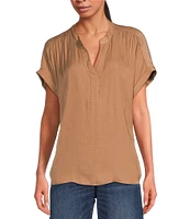 Gibson & Latimer Moonshadow Satin Split Round Neck Dropped Short Roll Tab Sleeve Hi-Low Shirttail Blouse