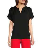 Gibson & Latimer Moonshadow Satin Split Round Neck Dropped Short Roll Tab Sleeve Hi-Low Shirttail Blouse