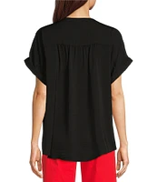 Gibson & Latimer Moonshadow Satin Split Round Neck Dropped Short Roll Tab Sleeve Hi-Low Shirttail Blouse