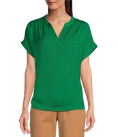 Gibson & Latimer Moonshadow Satin Split Round Neck Dropped Short Roll Tab Sleeve Hi-Low Shirttail Blouse