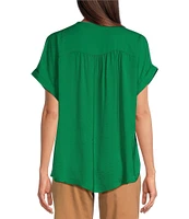 Gibson & Latimer Moonshadow Satin Split Round Neck Dropped Short Roll Tab Sleeve Hi-Low Shirttail Blouse