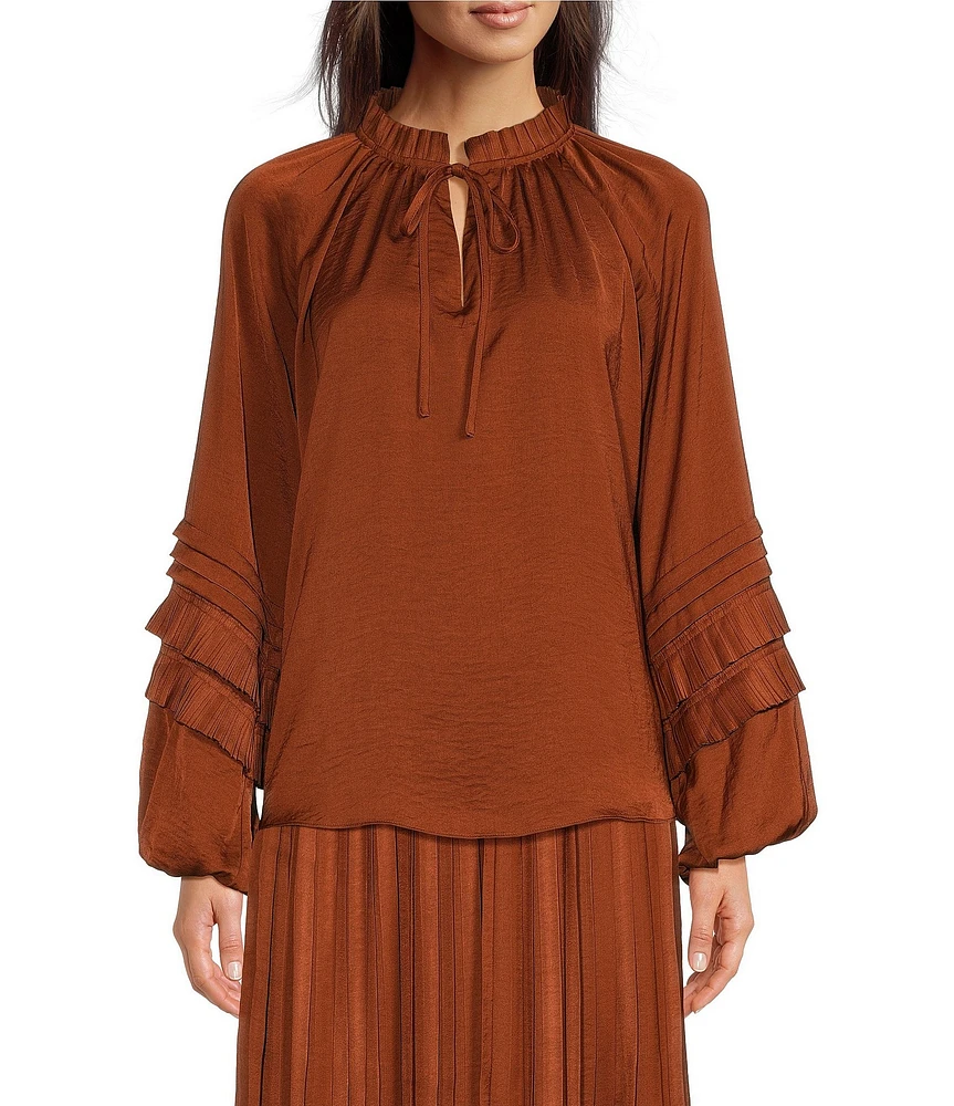 Gibson & Latimer Moonshadow Satin Tie Front Split Round Neck Long Peasant Ruffled Sleeve Woven Top