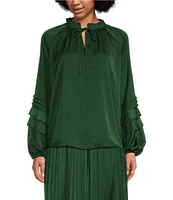 Gibson & Latimer Moonshadow Satin Tie Front Split Round Neck Long Peasant Ruffled Sleeve Woven Top