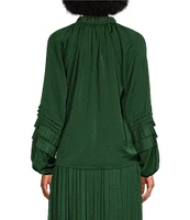 Gibson & Latimer Moonshadow Satin Tie Front Split Round Neck Long Peasant Ruffled Sleeve Woven Top