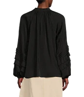 Gibson & Latimer Moonshadow Satin Tie Front Split Round Neck Long Peasant Ruffled Sleeve Woven Top