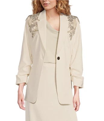 Gibson & Latimer Woven Suiting Embellished Rhinestone Notch Lapel Collar Button Front Ruched Midi Sleeve Long Line Blazer