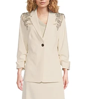 Gibson & Latimer Woven Suiting Embellished Rhinestone Notch Lapel Collar Button Front Ruched Midi Sleeve Long Line Blazer