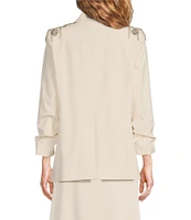 Gibson & Latimer Woven Suiting Embellished Rhinestone Notch Lapel Collar Button Front Ruched Midi Sleeve Long Line Blazer