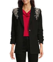 Gibson & Latimer Woven Suiting Embellished Rhinestone Notch Lapel Collar Button Front Ruched Midi Sleeve Long Line Blazer