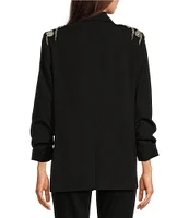 Gibson & Latimer Woven Suiting Embellished Rhinestone Notch Lapel Collar Button Front Ruched Midi Sleeve Long Line Blazer