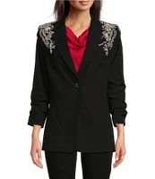 Gibson & Latimer Woven Suiting Embellished Rhinestone Notch Lapel Collar Button Front Ruched Midi Sleeve Long Line Blazer