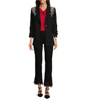 Gibson & Latimer Woven Suiting Embellished Rhinestone Notch Lapel Collar Button Front Ruched Midi Sleeve Long Line Blazer