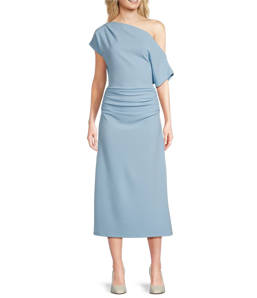 Gibson & Latimer Crepe Knit Asymmetric Neck One Shoulder Off-the-Shoulder Short Sleeve Ruched Sheath Midi Dress