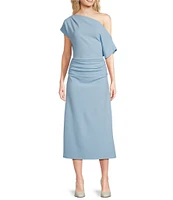 Gibson & Latimer Crepe Knit Asymmetric Neck One Shoulder Off-the-Shoulder Short Sleeve Ruched Sheath Midi Dress