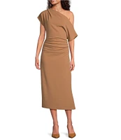 Gibson & Latimer Crepe Knit Asymmetric Neck One Shoulder Off-the-Shoulder Short Sleeve Ruched Sheath Midi Dress