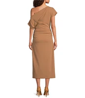 Gibson & Latimer Crepe Knit Asymmetric Neck One Shoulder Off-the-Shoulder Short Sleeve Ruched Sheath Midi Dress