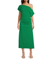 Gibson & Latimer Crepe Knit Asymmetric Neck One Shoulder Off-the-Shoulder Short Sleeve Ruched Sheath Midi Dress