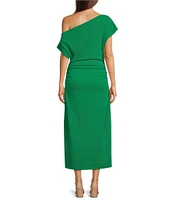 Gibson & Latimer Crepe Knit Asymmetric Neck One Shoulder Off-the-Shoulder Short Sleeve Ruched Sheath Midi Dress