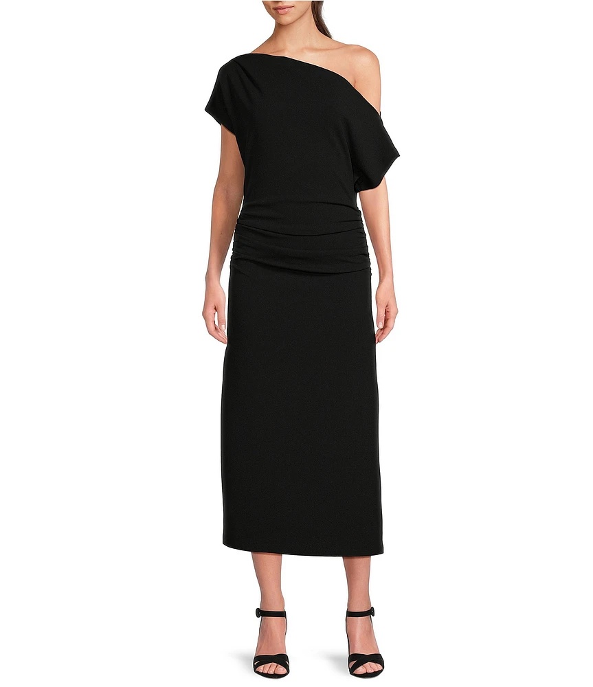 Gibson & Latimer Crepe Knit Asymmetric Neck One Shoulder Off-the-Shoulder Short Sleeve Ruched Sheath Midi Dress