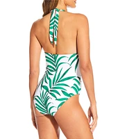 Gibson & Latimer Rainforest Palms V-Neck Wide Band Halter One Piece Swimsuit