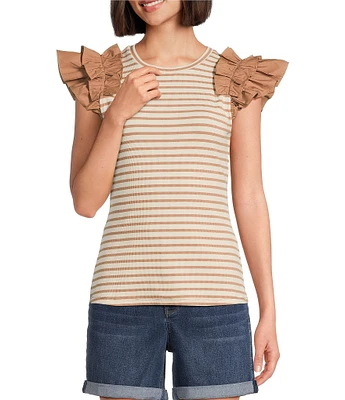 Gibson & Latimer Striped Ribbed Knit Crew Neck Contrasting Poplin Ruffled Short Sleeve Top