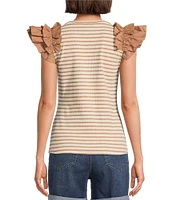 Gibson & Latimer Striped Ribbed Knit Crew Neck Contrasting Poplin Ruffled Short Sleeve Top