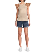 Gibson & Latimer Striped Ribbed Knit Crew Neck Contrasting Poplin Ruffled Short Sleeve Top