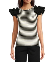 Gibson & Latimer Striped Ribbed Knit Crew Neck Contrasting Poplin Ruffled Short Sleeve Top