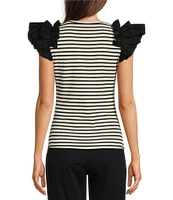 Gibson & Latimer Striped Ribbed Knit Crew Neck Contrasting Poplin Ruffled Short Sleeve Top