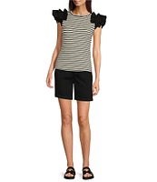 Gibson & Latimer Striped Ribbed Knit Crew Neck Contrasting Poplin Ruffled Short Sleeve Top