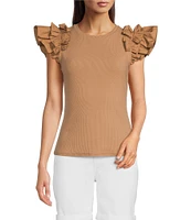 Gibson & Latimer Ribbed Knit Crew Neck Contrasting Poplin Ruffled Short Sleeve Top