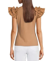 Gibson & Latimer Ribbed Knit Crew Neck Contrasting Poplin Ruffled Short Sleeve Top