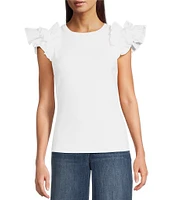 Gibson & Latimer Ribbed Knit Crew Neck Contrasting Poplin Ruffled Short Sleeve Top
