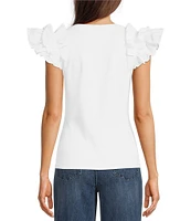 Gibson & Latimer Ribbed Knit Crew Neck Contrasting Poplin Ruffled Short Sleeve Top