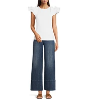 Gibson & Latimer Ribbed Knit Crew Neck Contrasting Poplin Ruffled Short Sleeve Top