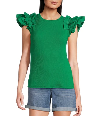 Gibson & Latimer Ribbed Knit Crew Neck Contrasting Poplin Ruffled Short Sleeve Top