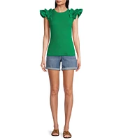 Gibson & Latimer Ribbed Knit Crew Neck Contrasting Poplin Ruffled Short Sleeve Top
