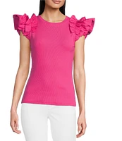 Gibson & Latimer Ribbed Knit Crew Neck Contrasting Poplin Ruffled Short Sleeve Top