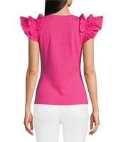 Gibson & Latimer Ribbed Knit Crew Neck Contrasting Poplin Ruffled Short Sleeve Top
