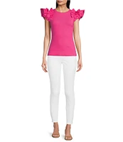 Gibson & Latimer Ribbed Knit Crew Neck Contrasting Poplin Ruffled Short Sleeve Top