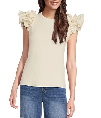 Gibson & Latimer Ribbed Knit Crew Neck Contrasting Poplin Ruffled Short Sleeve Top