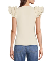 Gibson & Latimer Ribbed Knit Crew Neck Contrasting Poplin Ruffled Short Sleeve Top