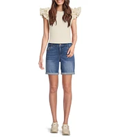 Gibson & Latimer Ribbed Knit Crew Neck Contrasting Poplin Ruffled Short Sleeve Top